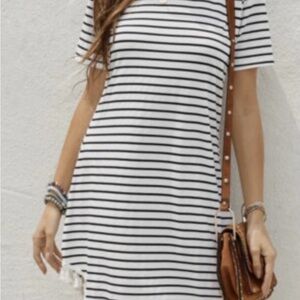 Striped T-Shirt Dress With Tassels Crew Neck Dress For Women (SIZE XL)